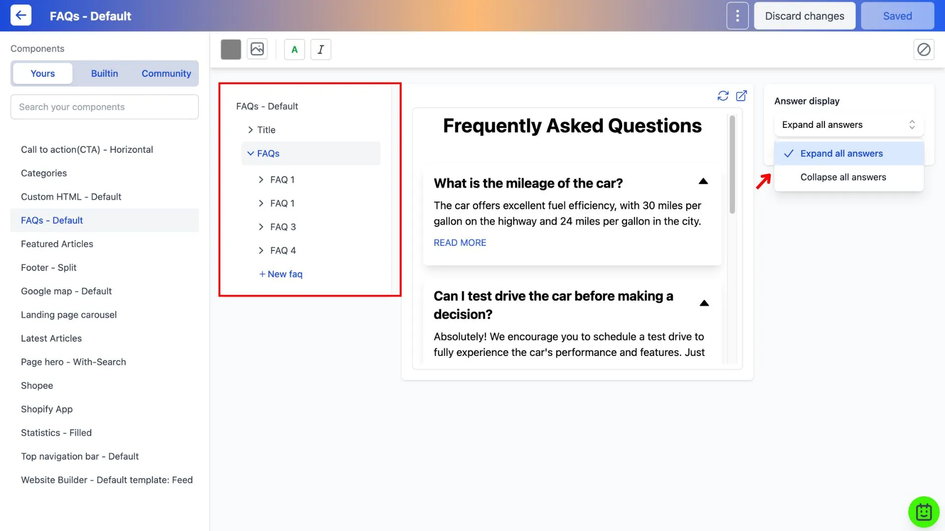 Editing the FAQ component in the component builder