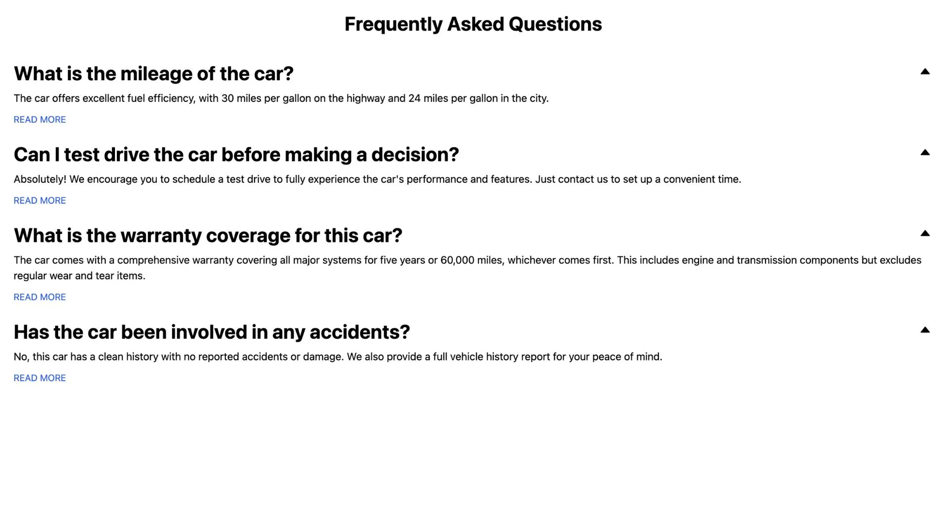 An example of how the FAQs component looks