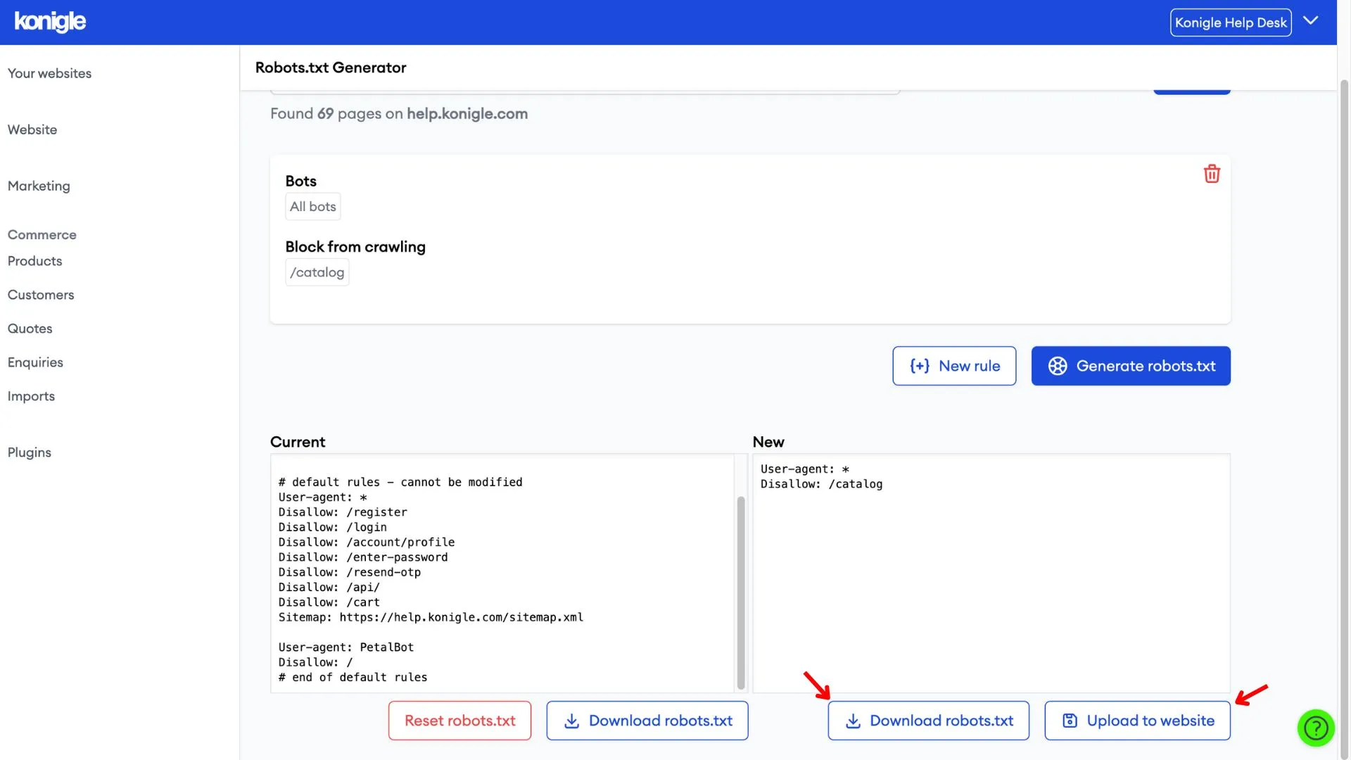 Download or upload the newly generated robots.txt file