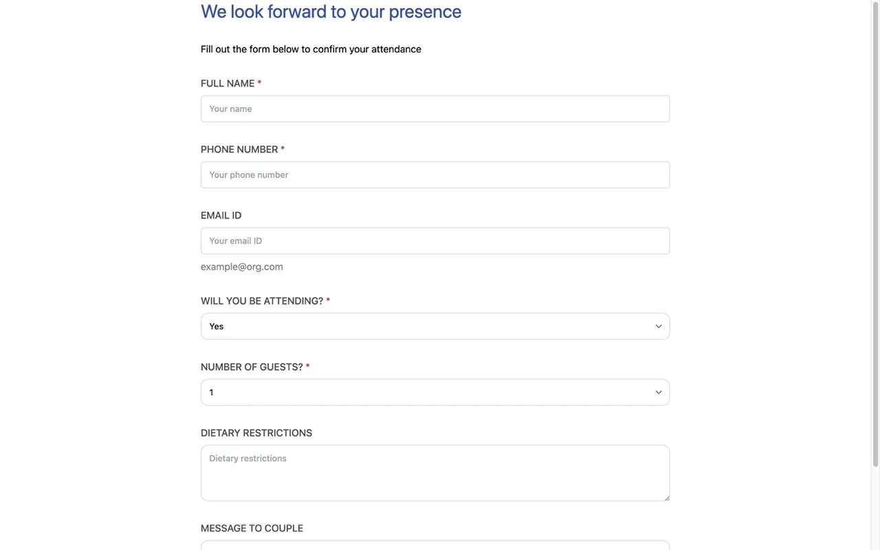 An example of how the Wedding RSVP Form component looks