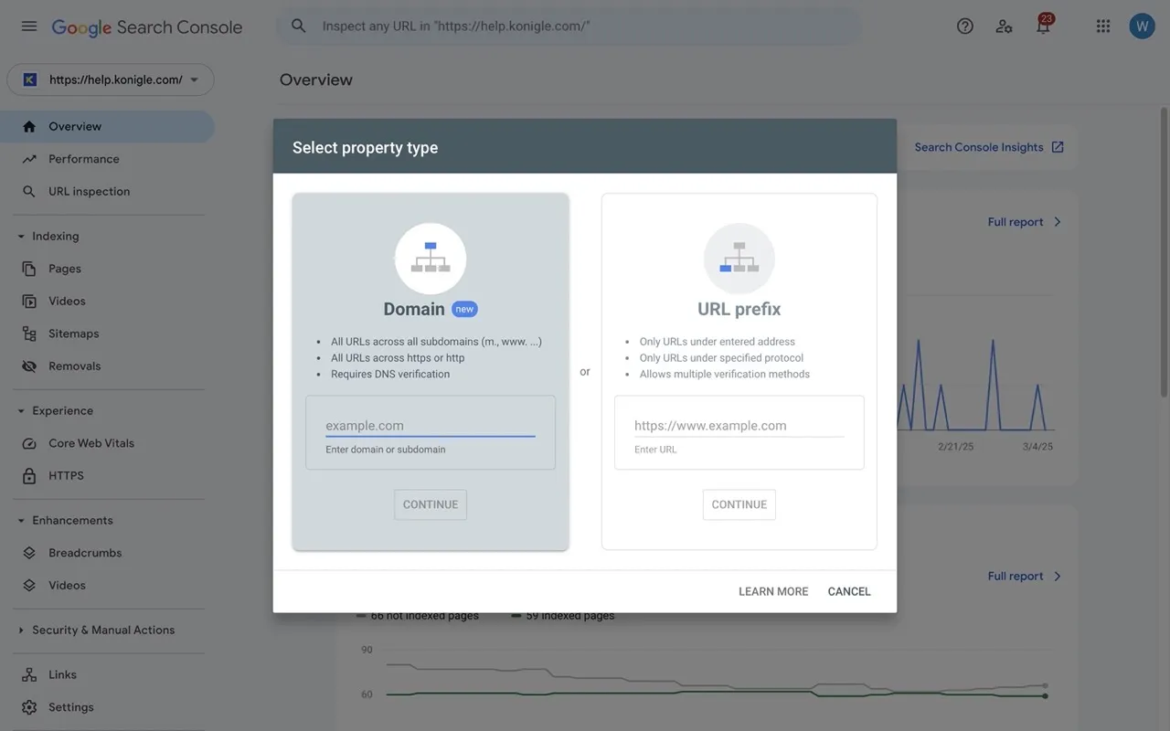 Selecting property type when adding a property on Google Search Console