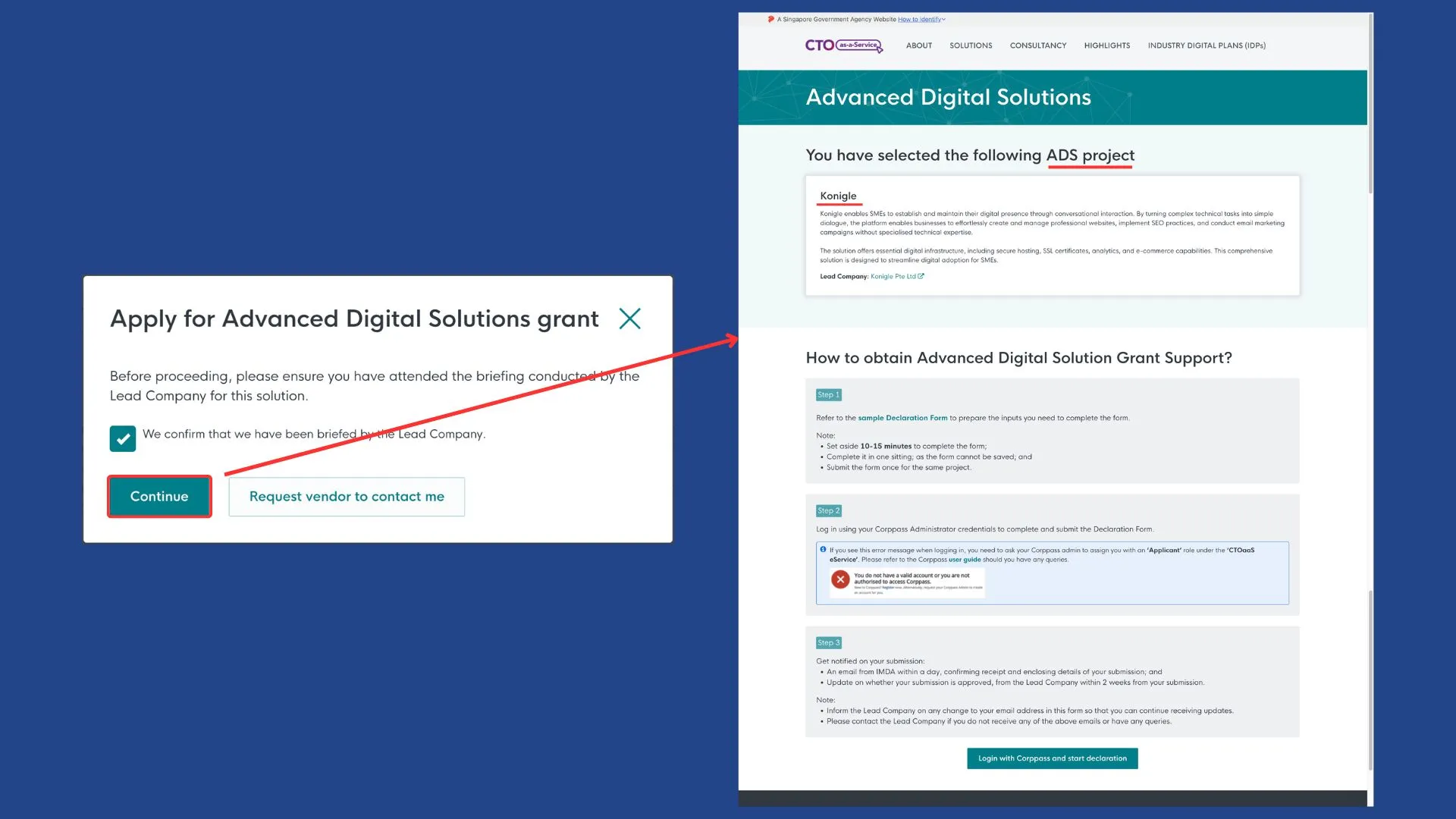 ADS grant application flow for solution: Konigle