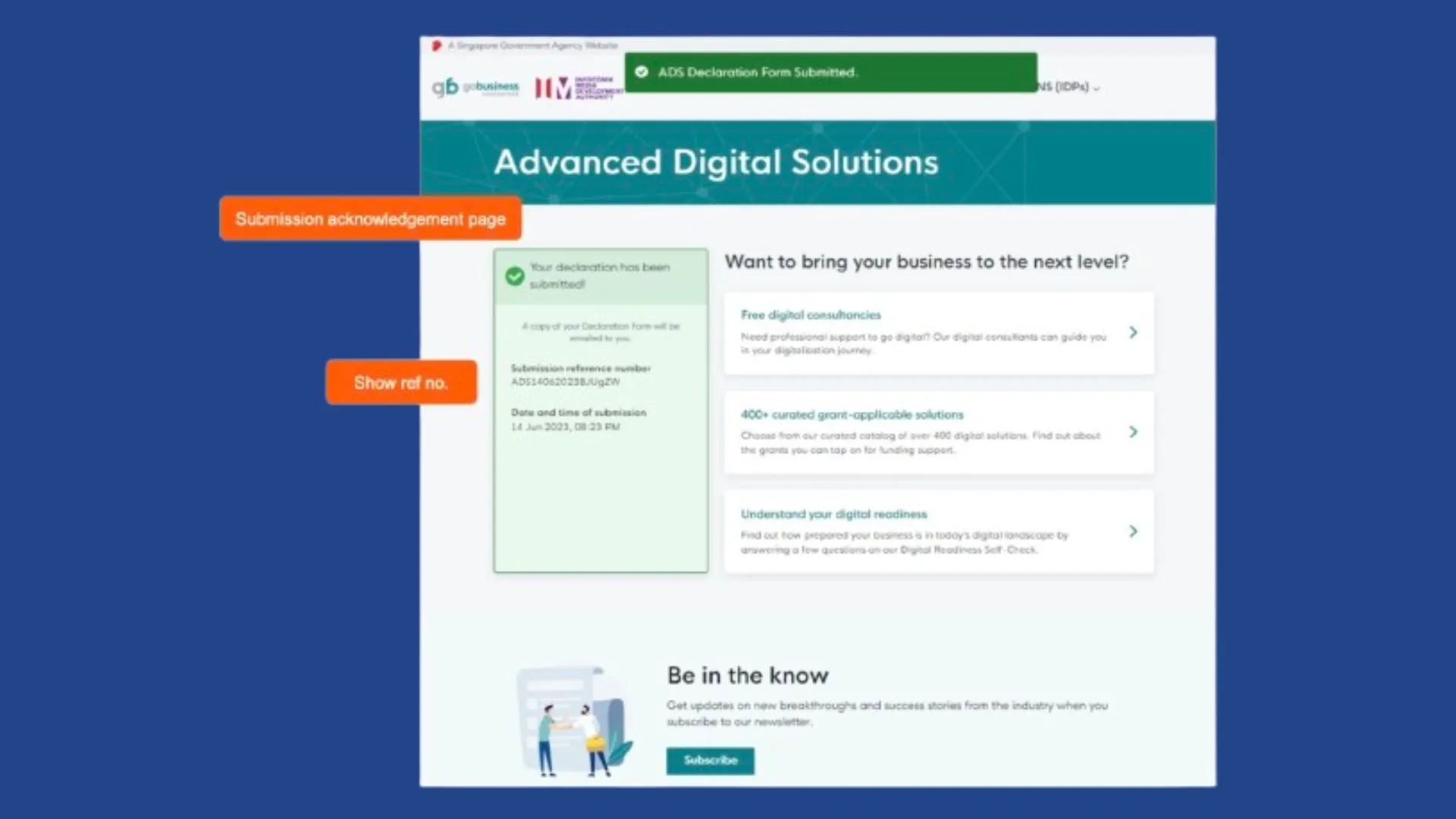 ADS grant application flow: Submission confirmation