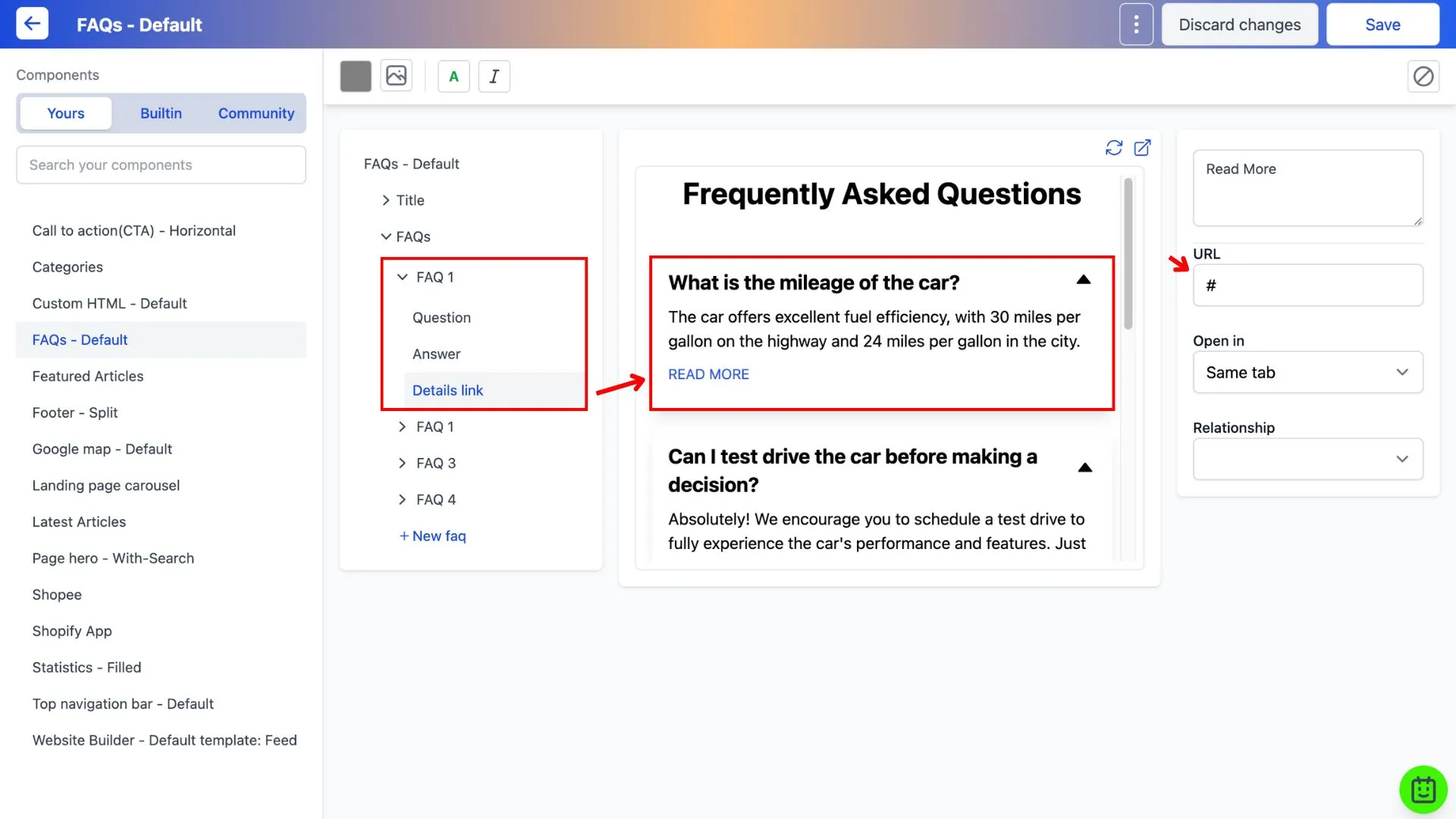 Editing each question and answer in the FAQ component