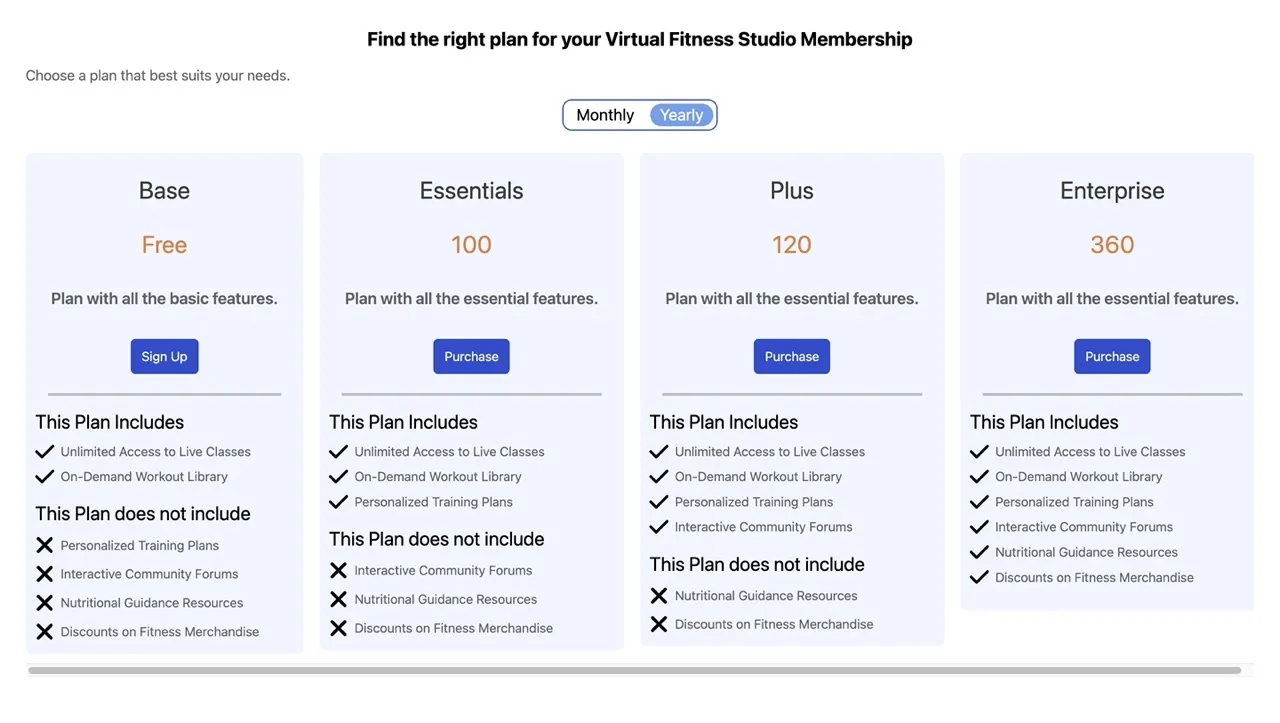 An example of how the Pricing Plans component looks