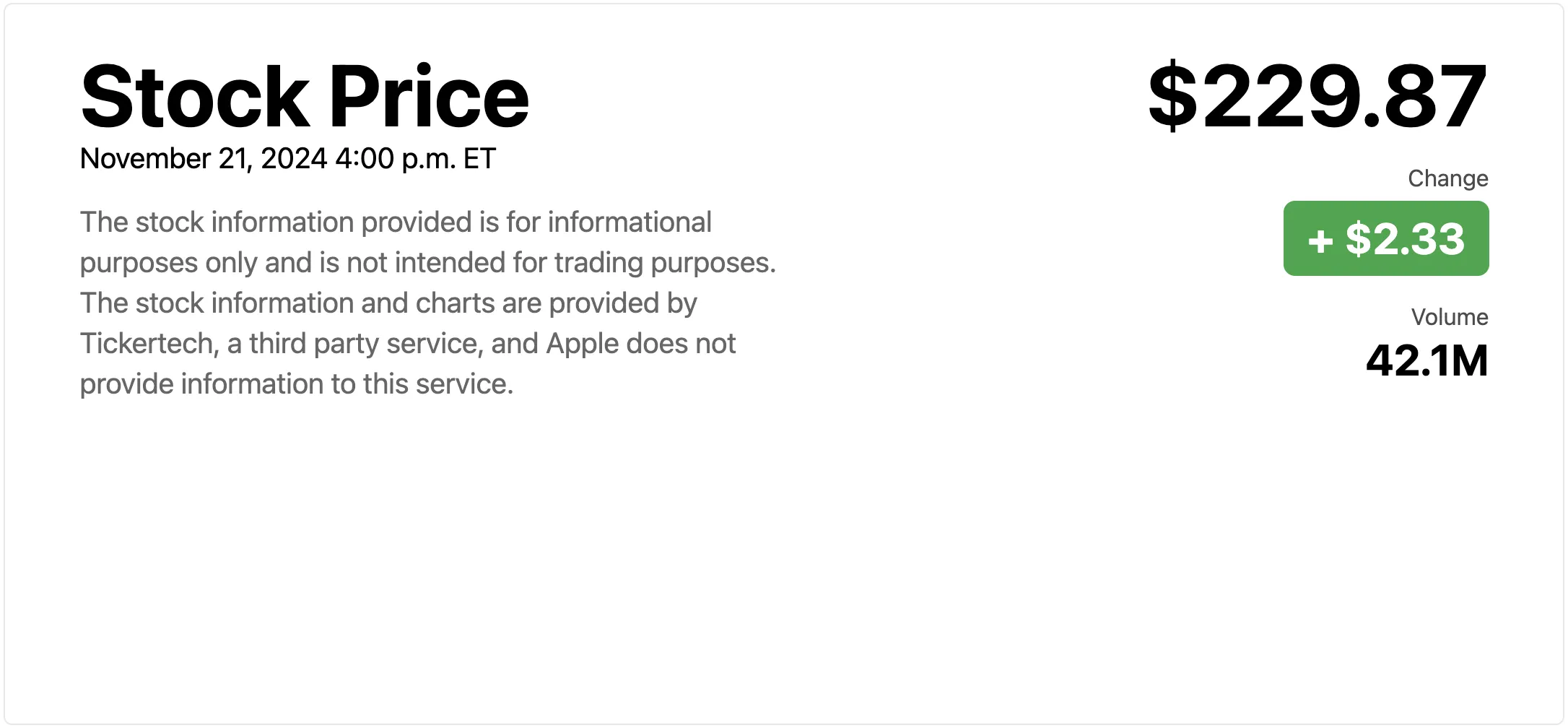 An example of how the Static Stock Price component looks